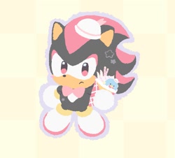 Size: 1509x1367 | Tagged: safe, artist:neku_646611, shadow the hedgehog, 2025, bowtie, cute, food, hat, holding something, sanrio, shadowbetes, simple background, solo, standing, star (symbol)
