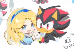 Size: 1340x936 | Tagged: safe, artist:neku_646611, maria robotnik, shadow the hedgehog, human, 2025, duo, holding hands, simple background, smile, white background