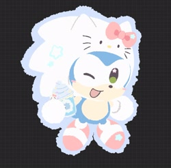 Size: 1417x1393 | Tagged: safe, artist:neku_646611, amy rose, sonic the hedgehog, 2025, chibi, cosplay, cute, food, hello kitty, holding something, sanrio, solo