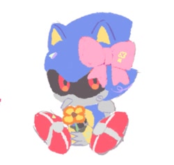 Size: 901x850 | Tagged: safe, artist:neku_646611, metal sonic, 2025, bow, cute, flower, metalbetes, robot, simple background, sitting, solo, white background