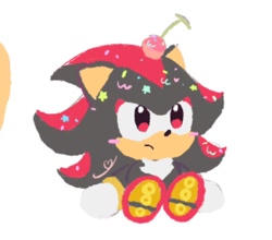 Size: 1024x902 | Tagged: safe, artist:neku_646611, shadow the hedgehog, 2025, cherry, chibi, cute, food, fruit, shadowbetes, simple background, sitting, white background