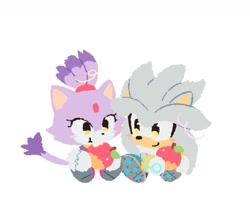 Size: 1589x1423 | Tagged: safe, artist:neku_646611, blaze the cat, silver the hedgehog, 2025, apple, blazebetes, chibi, cute, duo, food, holding something, silvabetes, simple background, sitting, white background