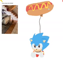 Size: 1575x1494 | Tagged: safe, artist:neku_646611, sonic the hedgehog, 2025, balloon, classic sonic, cute, english text, meme, photo, reference inset, simple background, solo, white background