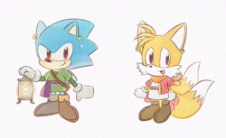 Size: 2048x1252 | Tagged: safe, artist:neku_646611, miles "tails" prower, sonic the hedgehog, 2025, alternate outfit, classic sonic, classic tails, cute, duo, ear piercing, earring, lantern, simple background, smile, sonabetes, standing, tailabetes, white background