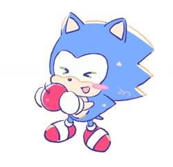 Size: 1355x1309 | Tagged: safe, artist:neku_646611, sonic the hedgehog, 2025, apple, food, fruit, simple background, smile, solo, standing, white background