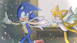 Size: 2048x1152 | Tagged: safe, artist:casiovision, miles "tails" prower, sonic the hedgehog, 2025, boots, duo, gay, holding hands, looking at each other, outdoors, pointing, running, scarf, shipping, snow, snowing, sonic x tails, winter, winter outfit
