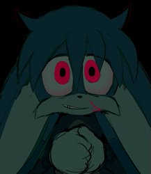 Size: 467x538 | Tagged: safe, artist:bobbutterbutt, kit the fennec, 2025, black background, blood, devil horns, eye clipping through hair, flat colors, hands together, looking at viewer, pink blood, pink eyes, simple background, smile, solo