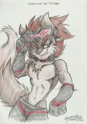 Size: 900x1280 | Tagged: suggestive, artist:mimy92sonadow, elias acorn, 2012, belly button, chest fluff, eyewear on head, gloves, goggles, goggles on head, leaning, lidded eyes, long gloves, looking at viewer, pants, signature, simple background, smile, smiling at viewer, solo, standing, stupid sexy elias, topless, traditional media, white background