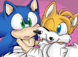 Size: 818x600 | Tagged: safe, artist:darkshadowvalentine, miles "tails" prower, sonic the hedgehog, fox, hedgehog, 2010, blushing, cute, duo, ear fluff, fluffy, holding each other, hugging, pink background, simple background, smile, sonabetes, tailabetes, tongue out, wink, winking at them