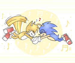 Size: 1090x916 | Tagged: safe, artist:ectoking, miles "tails" prower, sonic the hedgehog, fox, hedgehog, sonic the hedgehog 2 (2022), 2022, blushing, dancing, duo, eyes closed, flying, holding hands, mid-air, musical note, smile, spinning tails