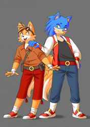 Size: 905x1280 | Tagged: safe, artist:shinchin, miles "tails" prower, sonic the hedgehog, fox, hedgehog, 2022, bag, bandage, belt, button-up shirt, cheek fluff, clothes, duo, eyewear on head, fingerless gloves, fully clothed, gloves, goggles, goggles on head, grey background, hand on shoulder, jacket, looking at each other, pants, shirt, shoes, simple background, smile, smiling at each other, socks, standing, varsity jacket
