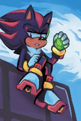 Size: 1000x1500 | Tagged: safe, artist:shadowmatcha, shadow the hedgehog, 2022, chaos emerald, clenched teeth, clouds, daytime, holding something, lidded eyes, looking at viewer, outdoors, sitting, solo