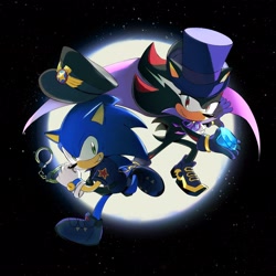 Size: 2048x2048 | Tagged: safe, artist:neku_646611, shadow the hedgehog, sonic the hedgehog, 2025, alternate outfit, chaos emerald, costume, duo, handcuffs, hat, holding something, police outfit, smile, vampire
