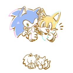 Size: 1196x1203 | Tagged: safe, artist:neku_646611, miles "tails" prower, sonic the hedgehog, 2025, duo, simple background, smile, thumbs up, white background, wink