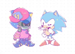 Size: 1024x746 | Tagged: safe, artist:neku_646611, metal sonic, sonic the hedgehog, sonic the ova, 2025, duo, looking at each other, looking at them, robot, shadowed face, simple background, smile, white background