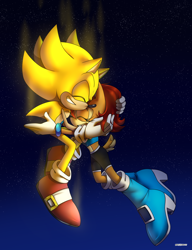 Size: 1644x2136 | Tagged: safe, artist:risziarts, sally acorn, sonic the hedgehog, super sonic, chipmunk, hedgehog, 2021, duo, floating, hugging, nighttime, sally x sonic, sally's ringblader outfit, shipping, sky background, star (sky), straight, super form