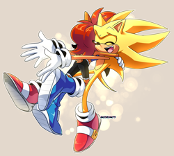 Size: 1414x1274 | Tagged: safe, artist:risziarts, sally acorn, sonic the hedgehog, super sonic, chipmunk, hedgehog, 2024, duo, happy, hugging, sally x sonic, sally's ringblader outfit, shipping, simple background, straight, super form