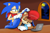 Size: 3000x2000 | Tagged: safe, artist:classicsonicsatam, nicole the handheld, sally acorn, sonic the hedgehog, chipmunk, hedgehog, 2022, blanket, duo, female, indoors, looking at them, male, moon, nighttime, sally x sonic, sally's ringblader outfit, scarf, shipping, sleeping, smile, smiling at them, straight, window