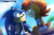 Size: 1414x936 | Tagged: safe, artist:risziarts, sally acorn, sonic the hedgehog, bird, chipmunk, hedgehog, 2025, alternate outfit, beach, clouds, daytime, duo, from below, lens flare, literal animal, looking at each other, mouth open, open smile, sally x sonic, shipping, sitting, smile, smiling at each other, straight