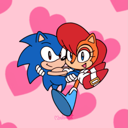 Size: 863x864 | Tagged: safe, artist:blueberry-chick, sally acorn, sonic the hedgehog, chipmunk, hedgehog, 2022, carrying them, duo, heart, running, sally x sonic, sally's ringblader outfit, shipping, straight, valentine's day
