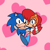 Size: 863x864 | Tagged: safe, artist:blueberry-chick, sally acorn, sonic the hedgehog, chipmunk, hedgehog, 2022, carrying them, duo, female, heart, looking at viewer, male, running, sally x sonic, sally's ringblader outfit, shipping, straight, valentine's day