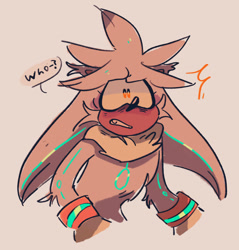 Size: 844x884 | Tagged: safe, artist:starfall-isle, silver the hedgehog, hedgehog, 2020, arm fluff, cheek fluff, clenched teeth, dialogue, ear fluff, english text, eyelashes, frown, fur markings, looking offscreen, neck fluff, simple background, solo, speech bubble, standing, text