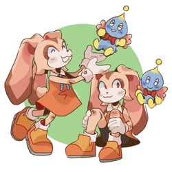 Size: 1024x1024 | Tagged: safe, artist:sunzips, cheese (chao), cream the rabbit, chao, rabbit, 2020, cute, duo, eyelashes, eyes closed, flying, mid-air, neutral chao, sitting, smile, standing