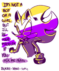 Size: 1000x1200 | Tagged: safe, artist:italianfishartblog, shadow the hedgehog, hedgehog, 2020, dialogue, english text, lidded eyes, limited palette, nonbinary, nonbinary pride, nonbinary shadow, simple background, solo, solo nonbinary, talking, text, white background