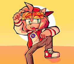 Size: 2048x1776 | Tagged: safe, artist:coffe-san, amy rose, hedgehog, 2020, backwards cap, cap, clothes, eyelashes, eyewear on head, gloves off, hat, jacket, jeans, leg up, looking at viewer, mouth open, nasa, pants, shirt, sitting, sneakers, solo, sunglasses, varsity jacket