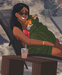 Size: 841x1024 | Tagged: safe, artist:enigmaticallyartful, maddie wachowski, miles "tails" prower, fox, human, 2020, beach, bikini, blanket, chair, drink, duo, eyes closed, hugging, outdoors, sitting, smile, snuggling, straw, swimsuit