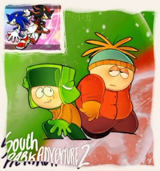 Size: 736x789 | Tagged: safe, artist:mely432, human, sonic adventure 2, barely sonic related, beanie, child, clothes, coat, duo, eric cartman, freckles, frown, hat, kyle broflovski, lidded eyes, looking at viewer, pants, posing, reference inset, smile, south park, ushanka hat