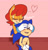Size: 1280x1322 | Tagged: safe, artist:jasakiarts, sally acorn, sonic the hedgehog, chipmunk, hedgehog, 2020, duo, female, hand covering other eyes, heart, male, sally x sonic, sally's ringblader outfit, shipping, sitting, straight, wholesome