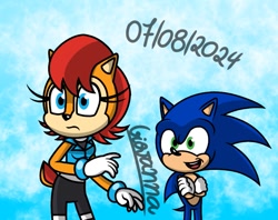 Size: 793x628 | Tagged: safe, artist:gigi-sonicandgumball, sally acorn, sonic the hedgehog, chipmunk, hedgehog, 2024, duo, redraw, sally x sonic, sally's ringblader outfit, shipping, sonic satam, straight