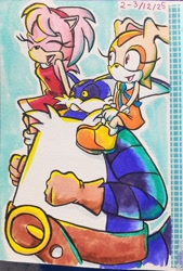 Size: 2254x3337 | Tagged: safe, artist:cyandreamz, amy rose, big the cat, cream the rabbit, 2025, eyes closed, sitting, sitting on them, smile, team rose, traditional media, trio