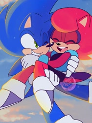 Size: 768x1024 | Tagged: safe, artist:cerberustheterrible, sally acorn, sonic the hedgehog, chipmunk, hedgehog, 2023, carrying them, duo, falling, sally x sonic, sally's ringblader outfit, shipping, straight, watermark