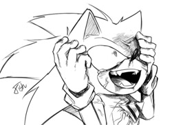 Size: 753x548 | Tagged: safe, artist:fiiiiish91314, sonic the hedgehog, 2025, greyscale, hand on own face, monochrome, mouth open, phantom ruby, simple background, solo, tears, white background