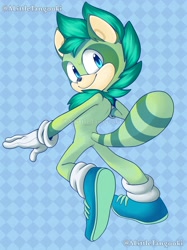 Size: 2048x2731 | Tagged: safe, artist:alittletangooki-art, oc, oc:tangooki tanuki, 2022, blue shoes, looking back, mohawk, neck fluff, oc only, smile, solo, tanuki