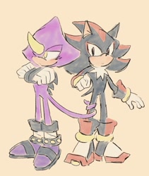 Size: 1210x1432 | Tagged: safe, artist:aleespace-art, espio the chameleon, shadow the hedgehog, gay, shadpio, shipping, standing, tail around leg
