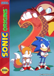 Size: 1420x2018 | Tagged: safe, artist:reddish_star64, miles "tails" prower, robotnik, sonic the hedgehog, sonic origins, sonic the hedgehog 2, box art, classic robotnik, classic sonic, classic tails, redraw, sega logo, style emulation, tyson hesse style