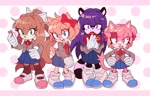 Size: 1917x1223 | Tagged: safe, artist:over_x6, cat, raccoon, barely sonic related, crossover, cute, doki doki literature club, mobianified, monika (doki-doki), natsuki (doki-doki), sayori (doki-doki), yuri (doki-doki)