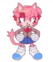Size: 1552x1806 | Tagged: safe, artist:over_x6, cat, barely sonic related, blushing, crossover, cute, doki doki literature club, eye clipping through hair, female, front view, hands on hips, looking at viewer, mobianified, natsuki (doki-doki), open smile, simple background, smile, smiling at viewer, solo, standing, white background