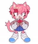 Size: 1552x1806 | Tagged: safe, artist:over_x6, cat, barely sonic related, blushing, crossover, cute, doki doki literature club, eye clipping through hair, hands on hips, mobianified, natsuki (doki-doki), standing
