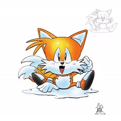 Size: 2699x2699 | Tagged: safe, artist:thewatermelonfox, miles "tails" prower, classic tails, mouth open, one fang, open smile, redraw, reference inset, signature, simple background, sitting, smile, smiling at viewer, white background