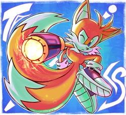 Size: 2048x1881 | Tagged: safe, artist:majindoodles, miles "tails" prower, arm buster, border, from below, frown, gradient background, male, one eye closed, outline, solo, weapon