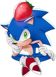 Size: 477x656 | Tagged: safe, artist:den255, sonic the hedgehog, food, fruit, head rest, legs crossed, looking at viewer, object on head, on head, simple background, sitting, solo, strawberry, white background