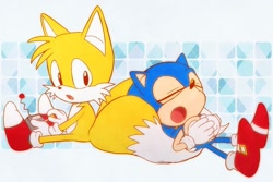 Size: 736x491 | Tagged: dead source, safe, artist:den255, miles "tails" prower, sonic the hedgehog, :o, abstract background, classic sonic, classic tails, duo, holding something, lying down, mouth open, remote controller, sitting, sleeping