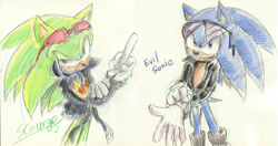 Size: 900x474 | Tagged: safe, artist:bbpopococo, scourge the hedgehog, 2013, anti-sonic, character name, duo male, fixing glove, looking at viewer, pointing, self paradox, simple background, smile, standing, text, traditional media, white background
