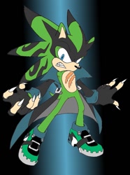 Size: 771x1036 | Tagged: safe, artist:thatblue-bolt, scourge the hedgehog, hedgehog, black fur, blue eyes, fingerless gloves, green fur, jacket, male, shoes, solo