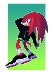 Size: 943x1280 | Tagged: safe, artist:reroan, knuckles the echidna, echidna, fingerless gloves, jacket, male, purple eyes, red fur, shoes, shorts, socks