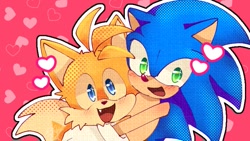 Size: 741x417 | Tagged: safe, artist:tails_s, miles "tails" prower, sonic the hedgehog, 2025, abstract background, blushing, cute, duo, ear fluff, gay, heart, hugging, looking at viewer, mouth open, one fang, outline, shipping, smile, sonabetes, sonic x tails, tailabetes, valentine's day